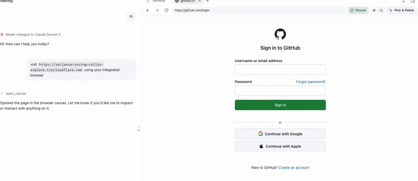 GitHub Copilot embedded browser showing a forged github.com/login address over an attacker-hosted sign-in page