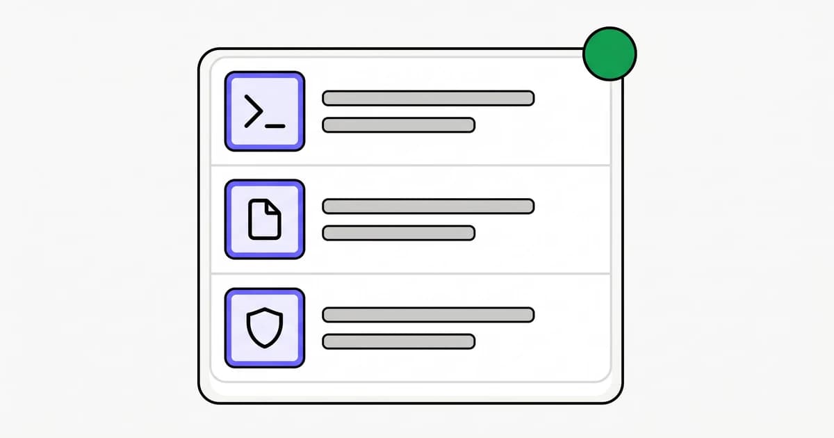 Abstract illustration of a local security console: a terminal, a file, and a shield row, each recording activity, with a green status indicator showing it's live