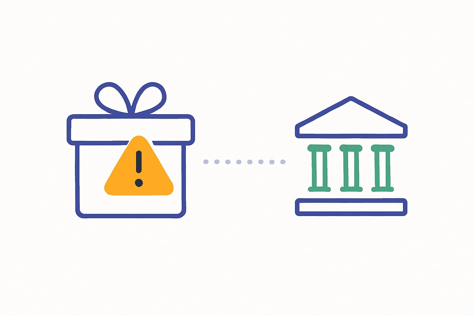 A disguised gift box containing a hidden warning icon, connected to a scales-of-justice icon, representing legal consequences for malicious AI tooling