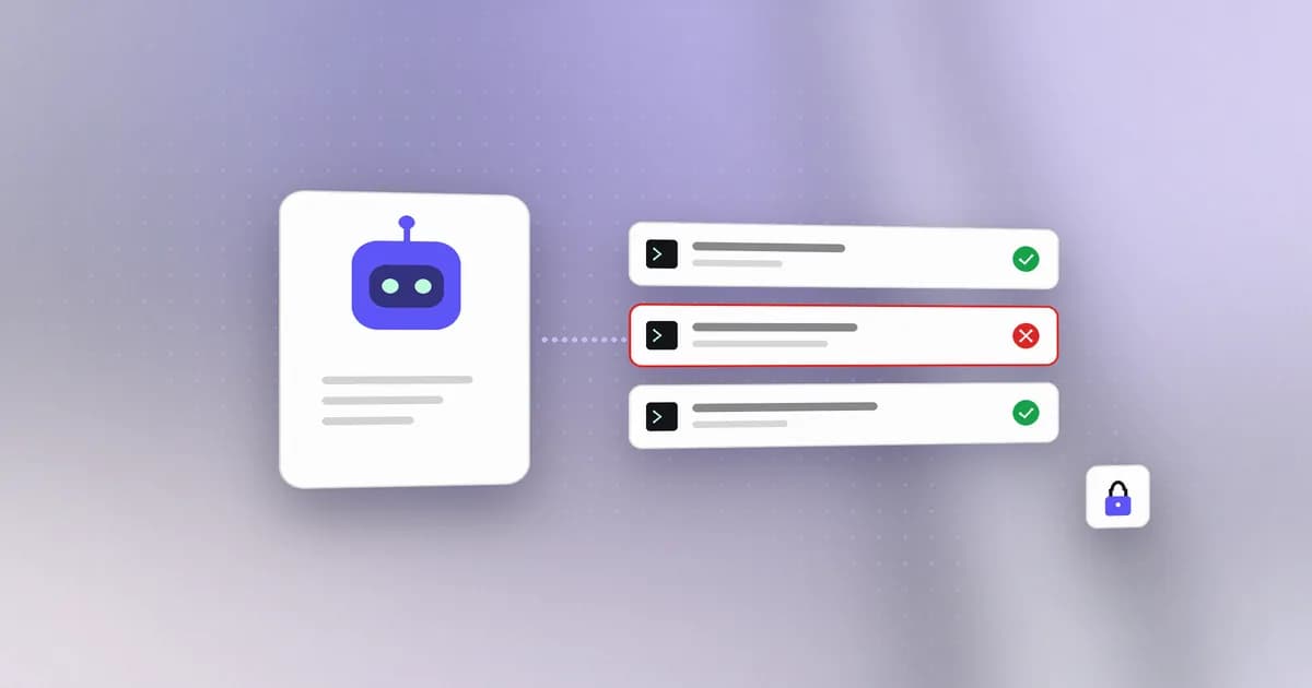 An AI agent proposing actions, with one risky command denied by policy and the rest allowed