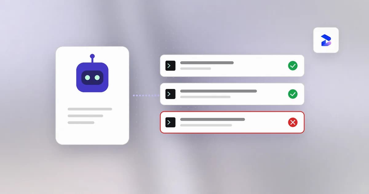 An AI agent proposing actions, with one risky command denied by policy and the rest allowed