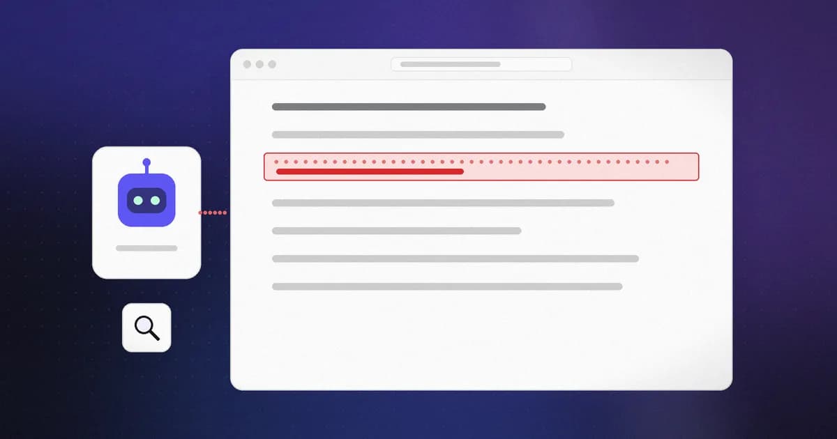 A web page with a hidden prompt-injection instruction highlighted before it reaches an AI model