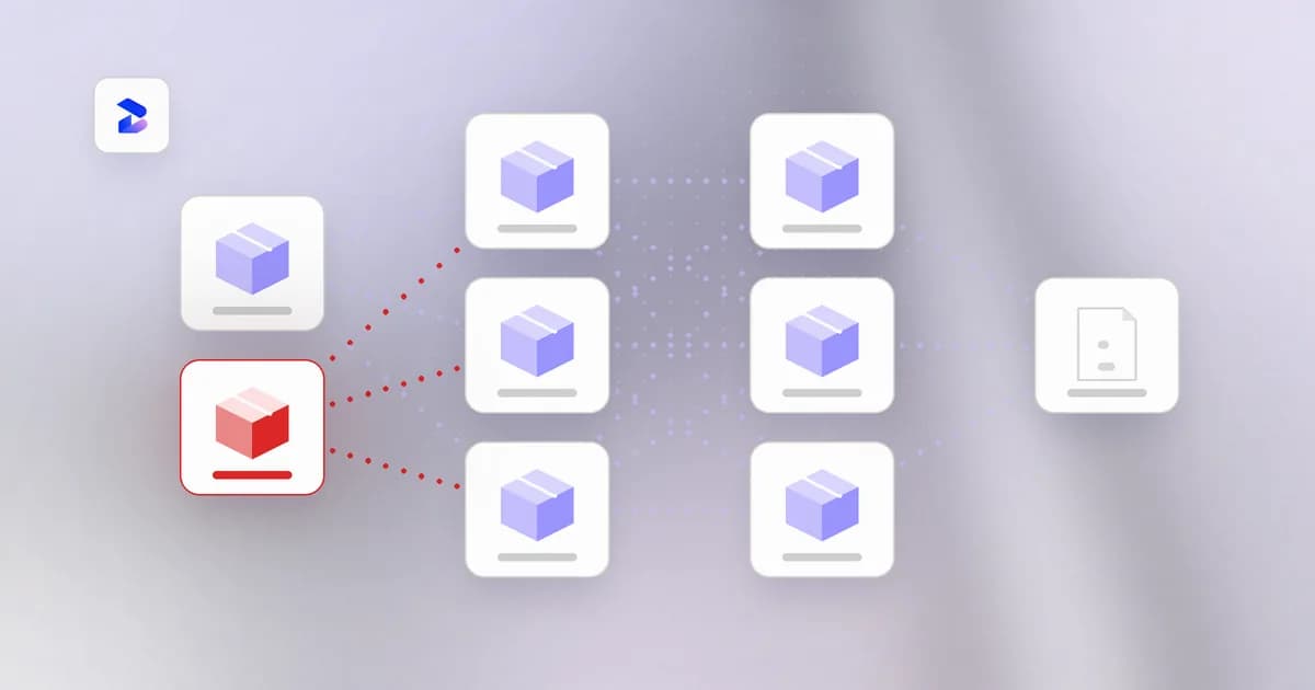 A software dependency graph with one malicious package flagged in the supply chain