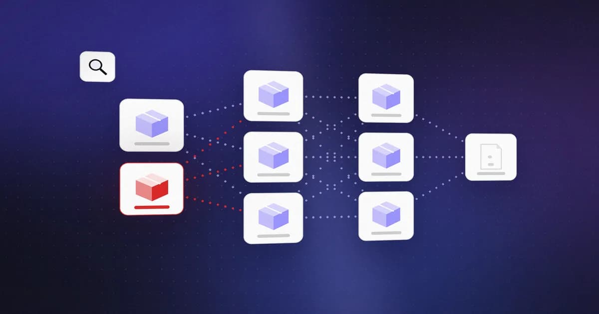 A software supply chain diagram with one tampered component highlighted