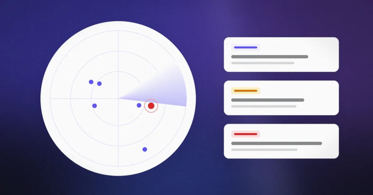 A radar sweep tracking threat campaigns, with one active attack highlighted and research cards beside it