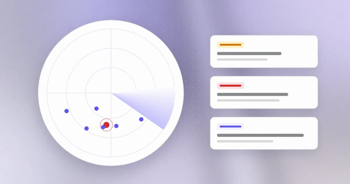 A radar sweep tracking threat campaigns, with one active attack highlighted and research cards beside it