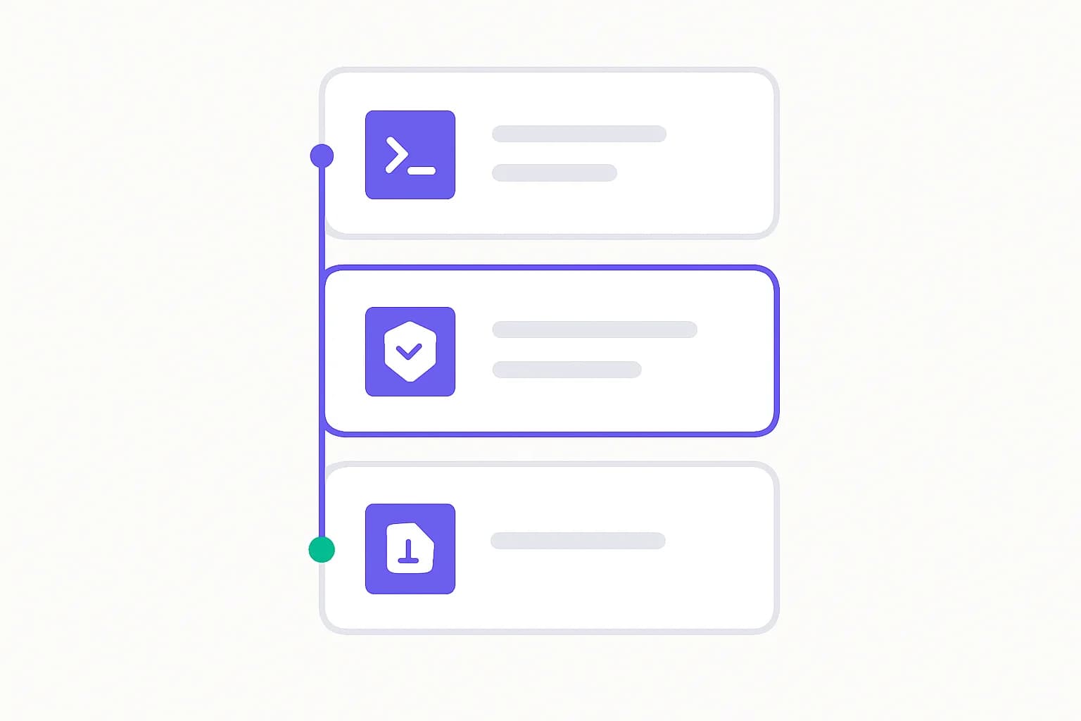Abstract UI mockup showing three stacked capability cards representing the Beam platform's runtime, security and evidence layers