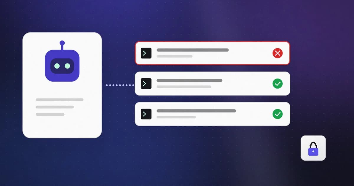 An AI agent proposing actions, with one risky command denied by policy and the rest allowed