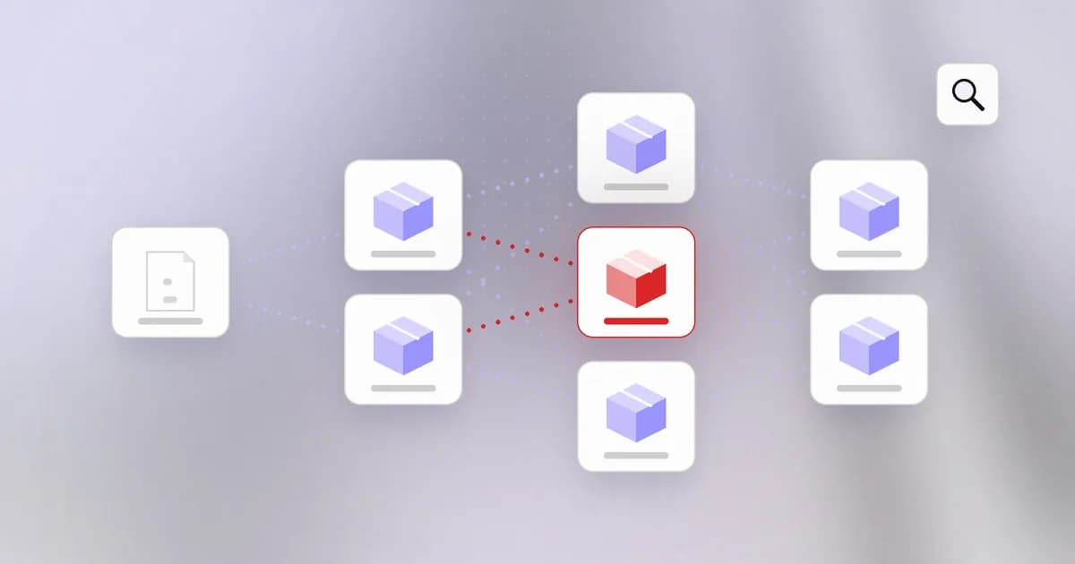 A software dependency graph with one malicious package flagged in the supply chain