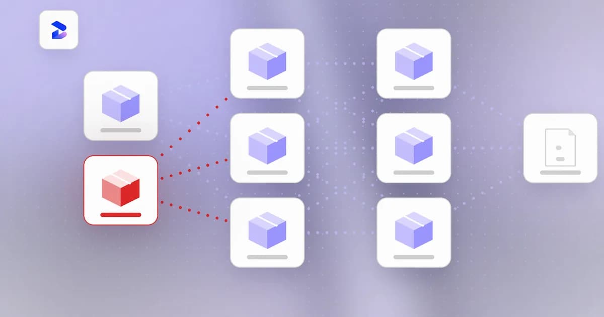 A software dependency graph with one malicious package flagged in the supply chain