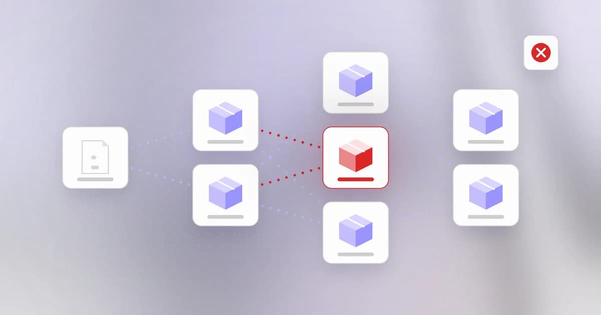 A software dependency graph with a malicious package flagged in the supply chain