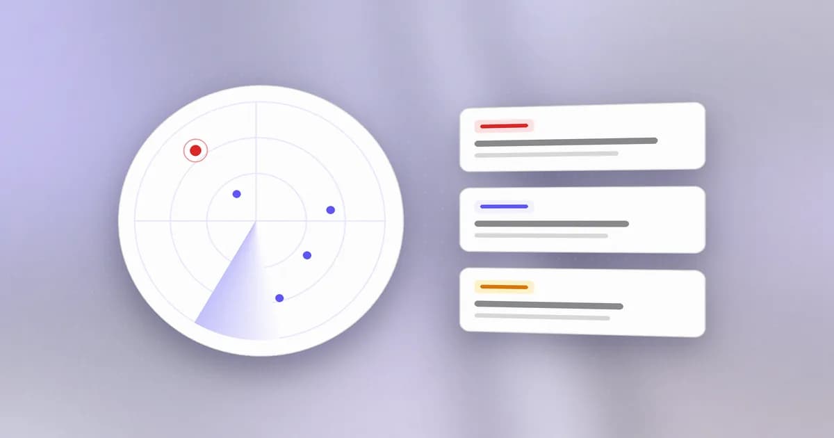 A radar sweep tracking threat campaigns, with one active attack highlighted and research cards beside it