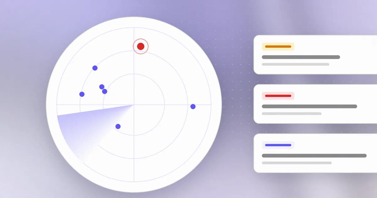 A radar sweep tracking threat campaigns, with one active attack highlighted and research cards beside it