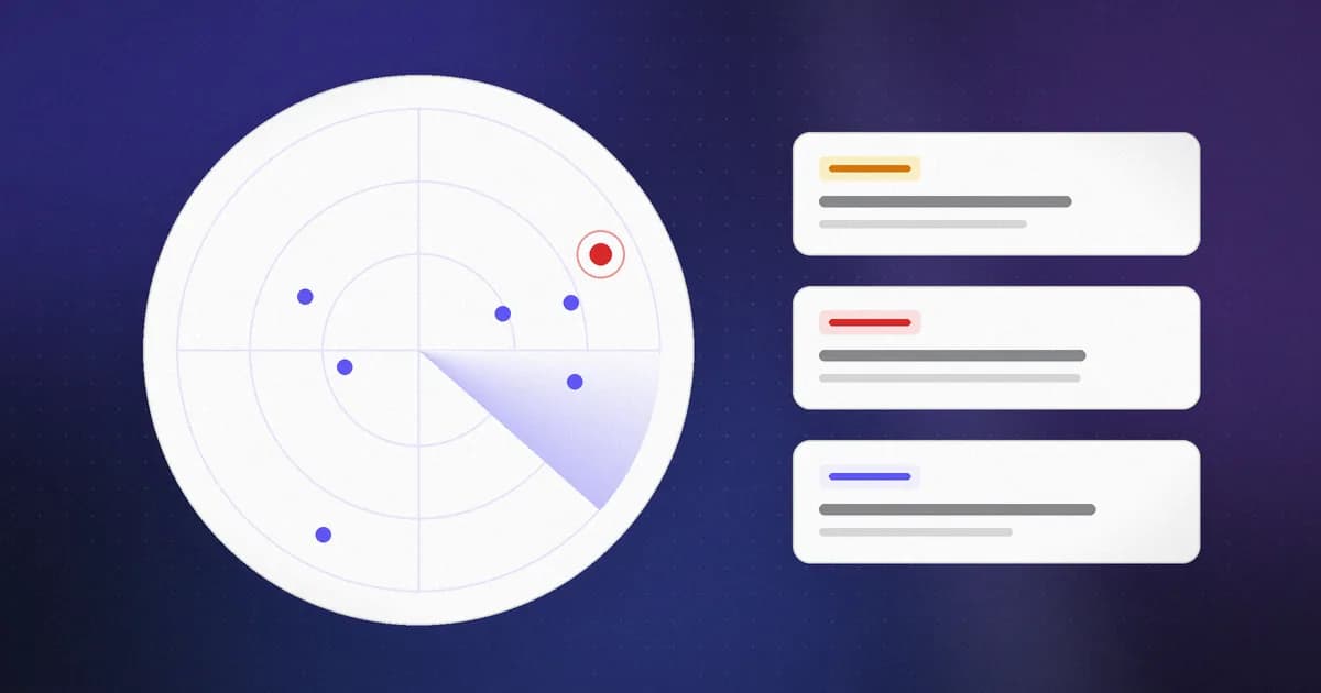 A radar sweep tracking threat campaigns, with one active attack highlighted and research cards beside it