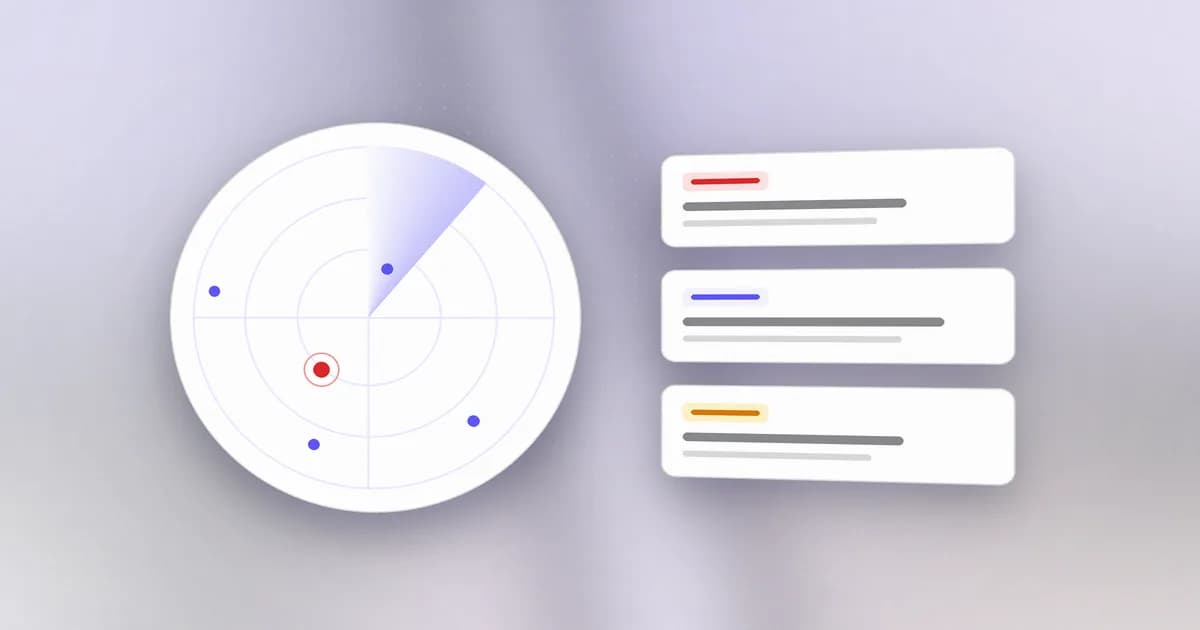 A radar sweep tracking threat campaigns, with one active attack highlighted and research cards beside it
