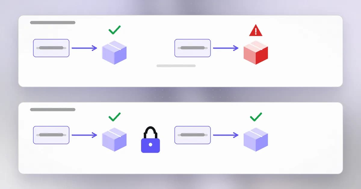 Two installs a week apart: without a lockfile the second fetches a newer, malicious release; with a lockfile both fetch the same pinned version and hash