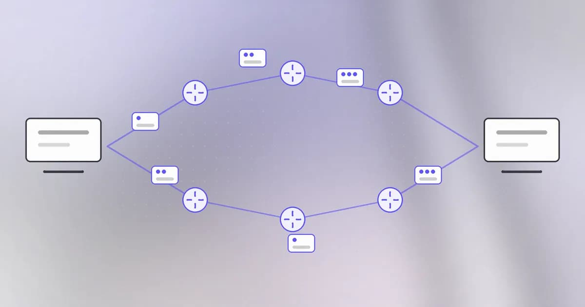 Two computers connected through several routers, with a message travelling as separate packets
