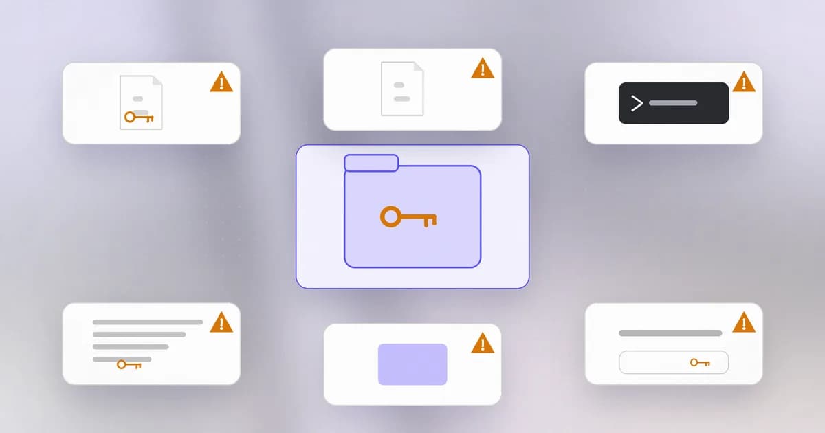 A developer's folder with keys scattered in a repo, an env file, a shell history and a log, each marked with a warning