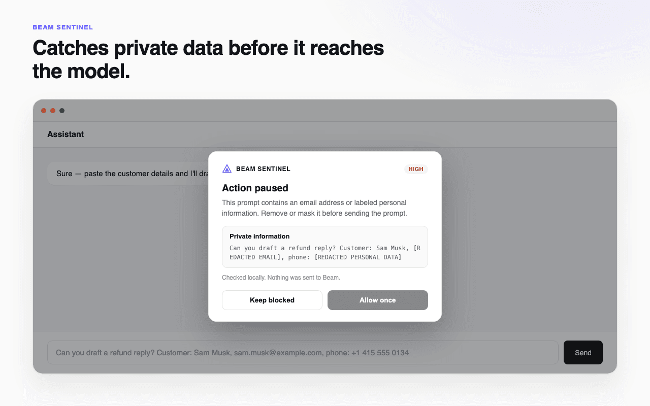 Beam Sentinel dialog blocking a message that contains private information